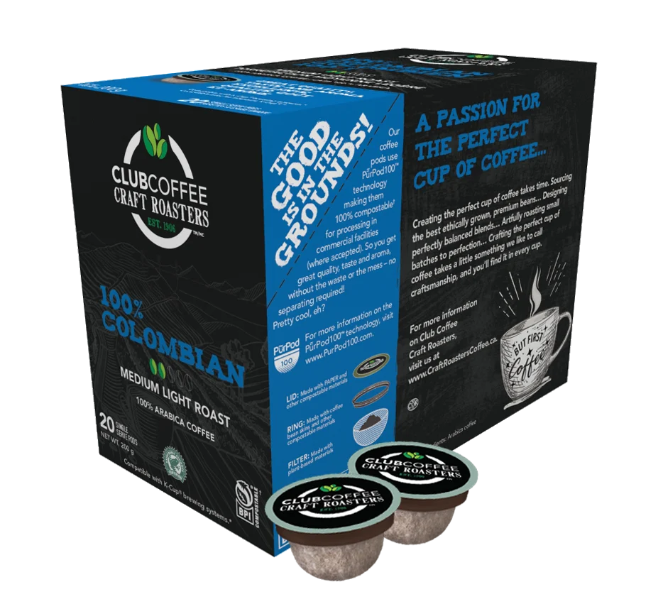 Club Coffee Craft Roasters | 100% Colombian Single Serve Pods | Medium Light Roast | 120 Count (20 Count, Pack of 6) | Compostable Coffee Pods | Keurig Brewer Compatible | Rainforest Alliance Certified
