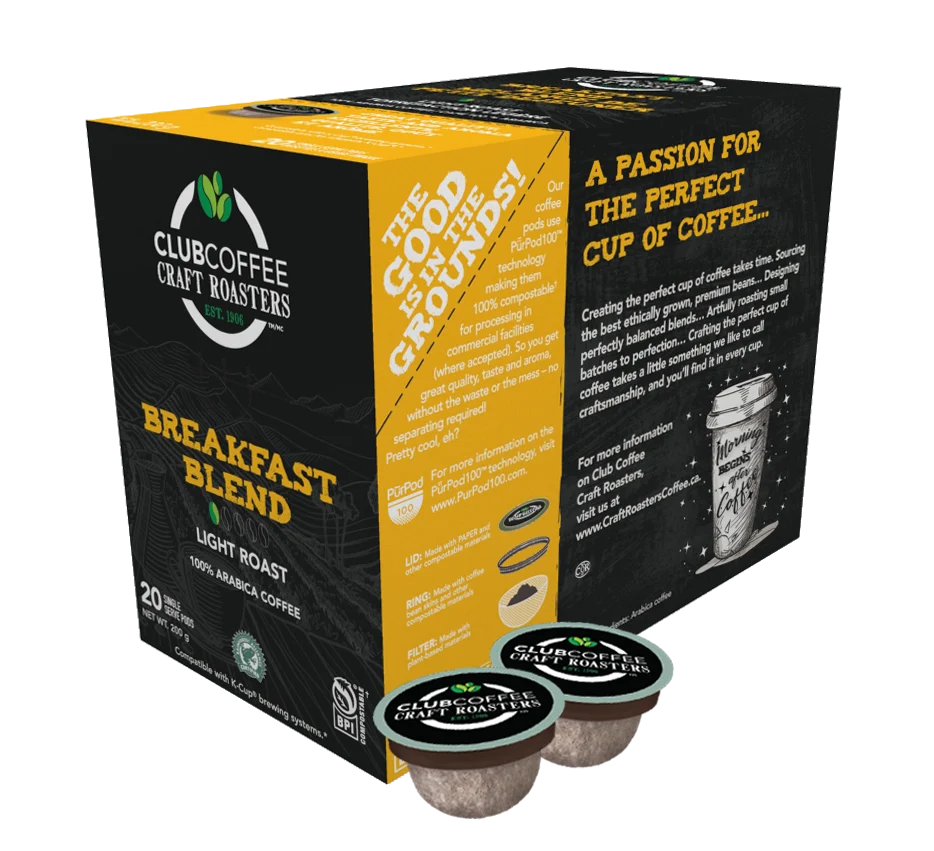 Club Coffee Craft Roasters | Breakfast Blend Single Serve Pods | Light Roast | 120 Count (20 Count, Pack of 6) | Compostable Coffee Pods | Keurig Brewer Compatible | Rainforest Alliance Certified
