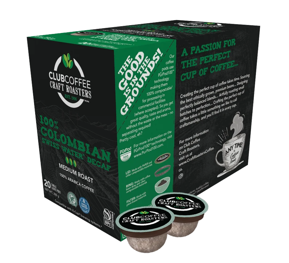 Club Coffee Craft Roasters | Colombian Swiss Water Decaf Single Serve Pods | Medium Roast Decaffeinated |120 Count (20 Count, Pack of 6) | Compostable Coffee Pods | Keurig Brewer Compatible | Rainforest Alliance Certified