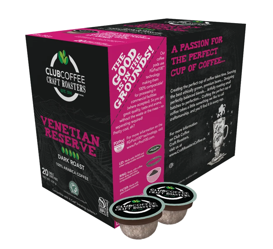 Club Coffee Craft Roasters | Venetian Reserve Single Serve Pods | Dark Roast | 120 Count (20 Count, Pack of 6) | Compostable Coffee Pods | Keurig Brewer Compatible | Rainforest Alliance Certified